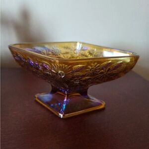 vintage Indiana Glass Carnival Glass marigold diamond-shaped pedestal dish.